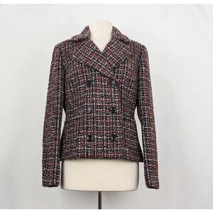 J. Peterman Jacket Black Colorful Tweed Double Breasted Blazer Misses Size 12